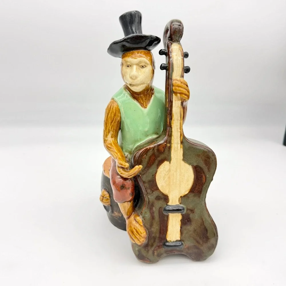 Majolica Style Ceramic Monkey Band Cellist Figurine Top Hat Drum Base